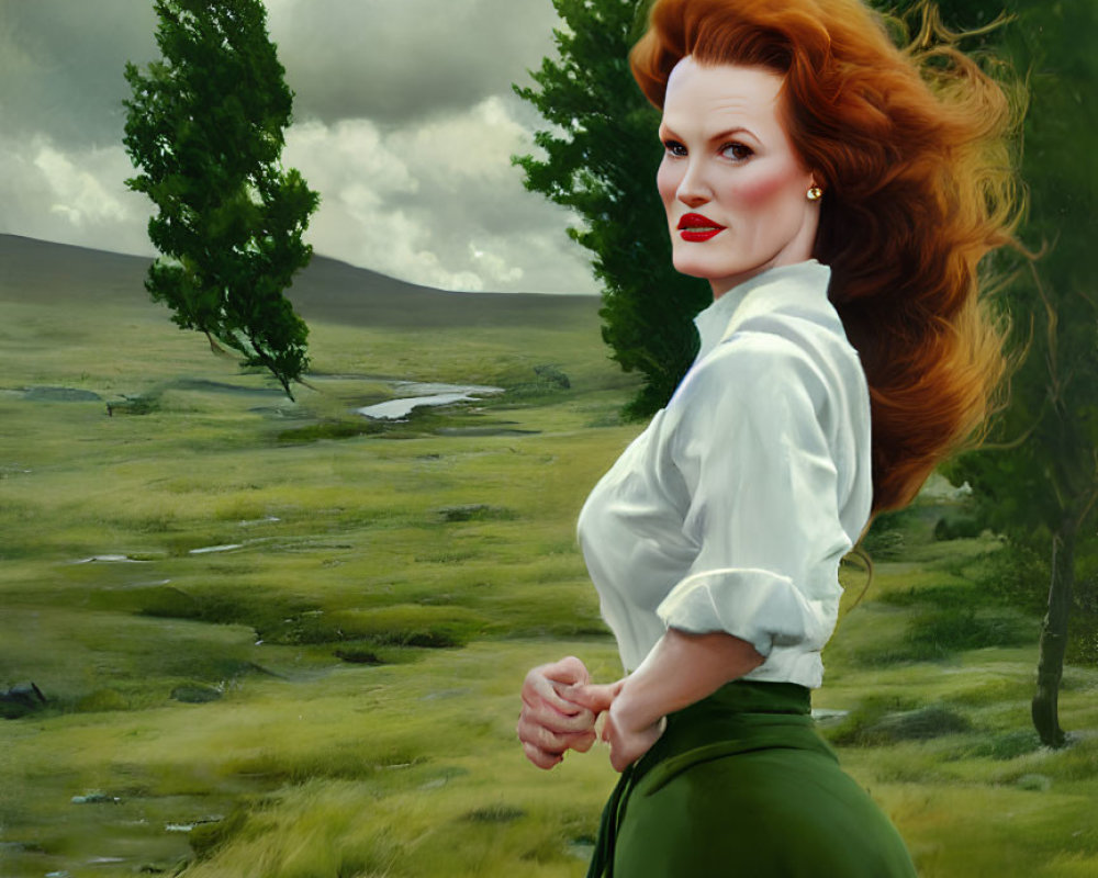 Woman with Red Hair and Lipstick in White Blouse and Green Skirt Standing in Lush Field