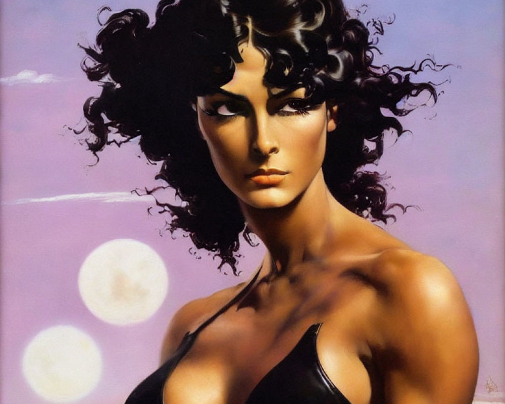 Portrait of Woman with Dark Hair, Moons, and Mountains