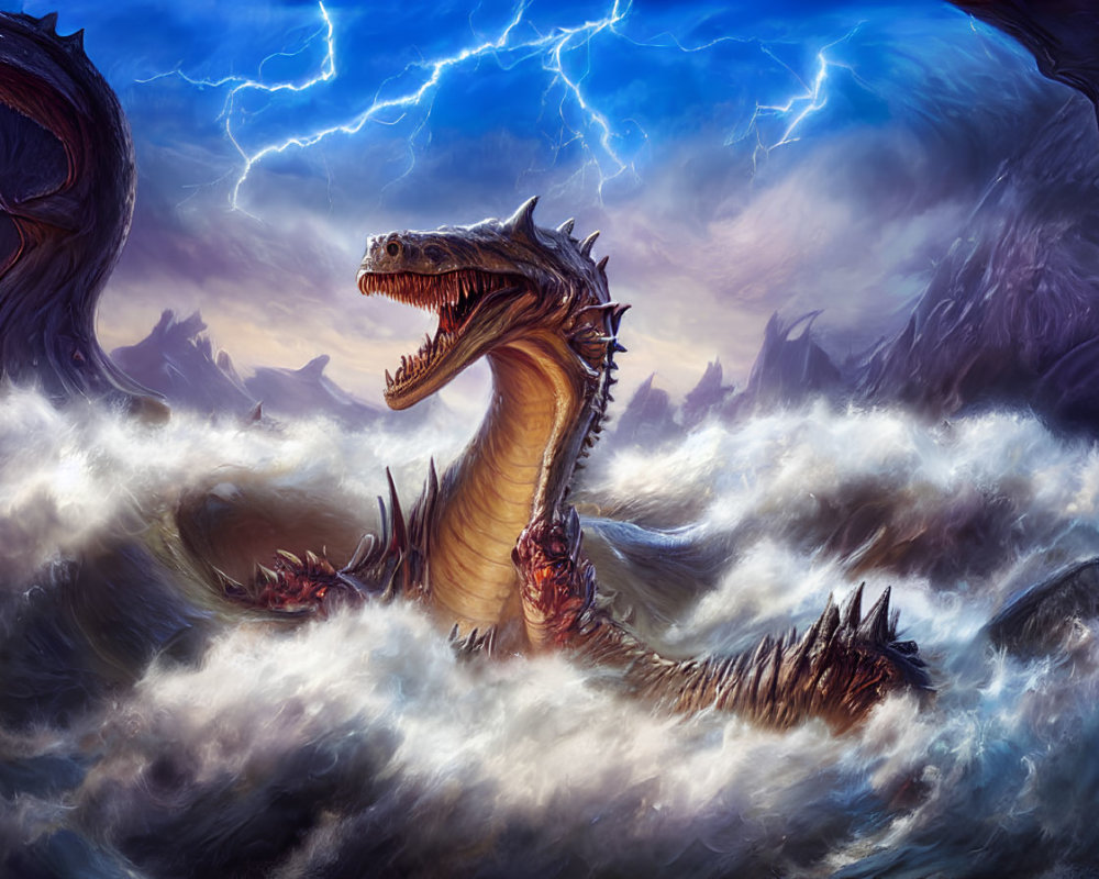 Majestic dragon in stormy sea waves with lightning and mountains