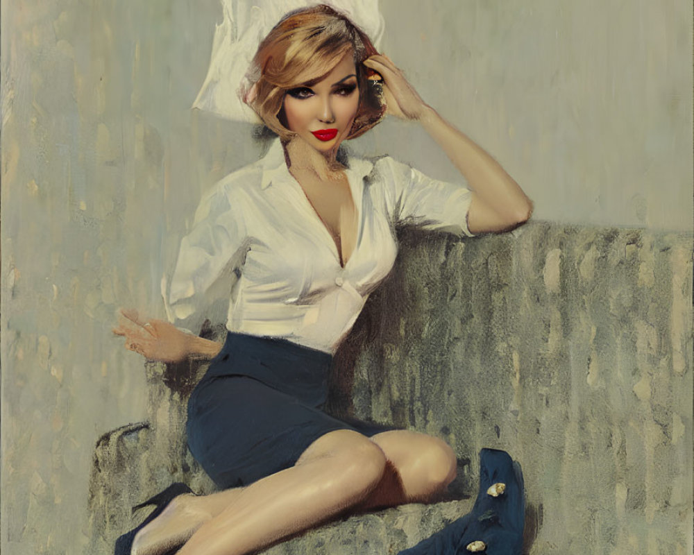 Vintage-style painted portrait of woman in white blouse and black skirt with sailor's hat and red lipstick.