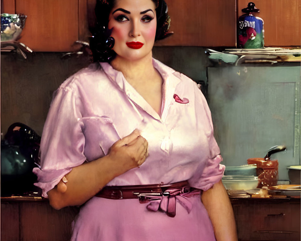 Vintage-style portrait of woman with styled hair and red lipstick in pink blouse and skirt, posing in kitchen