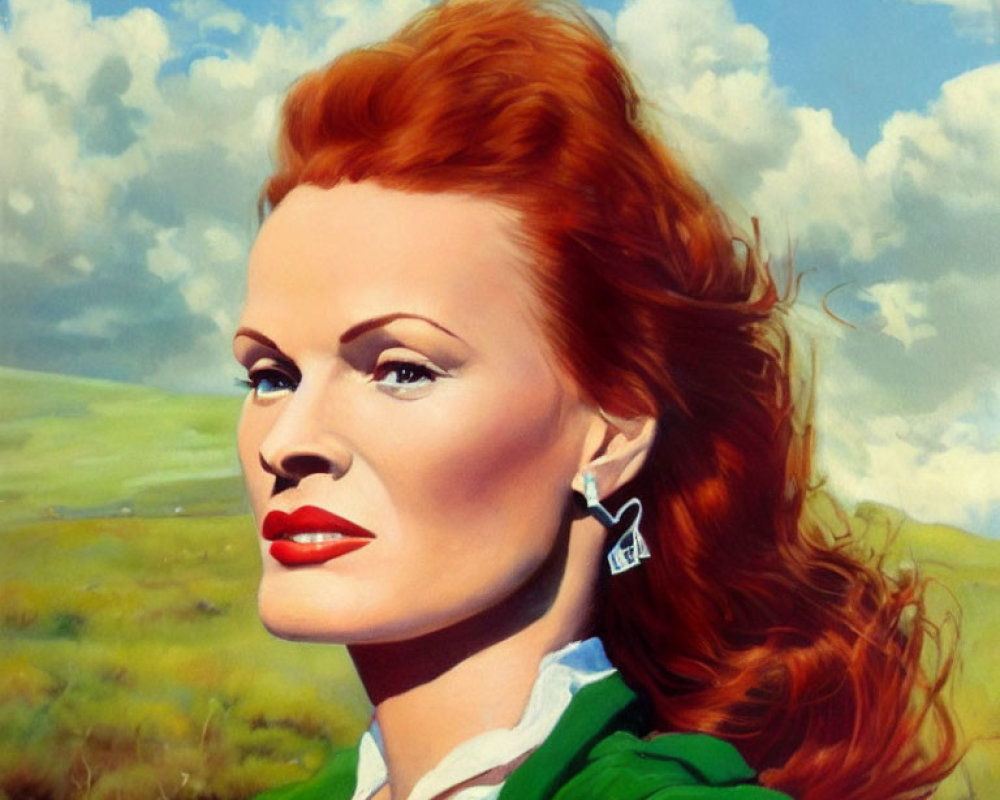 Red-haired woman in white blouse and green vest against blue sky and green fields