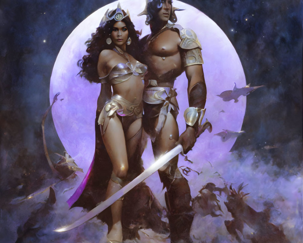 Fantasy warriors in armor against cosmic backdrop with circular element