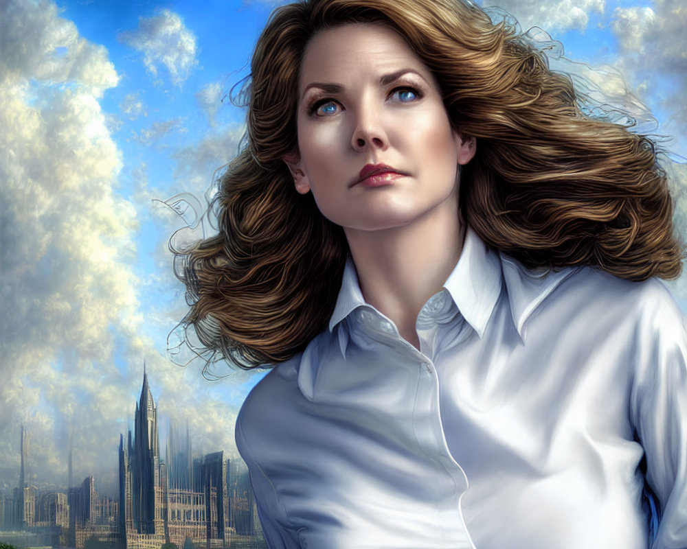 Woman with flowing brown hair in white shirt against city skyline.