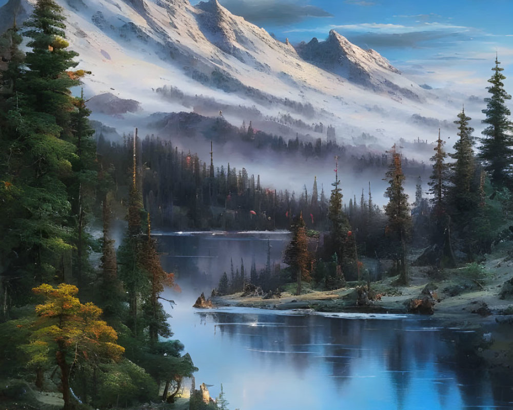 Tranquil landscape with snow-capped mountains, reflective lake, forests, and autumn trees