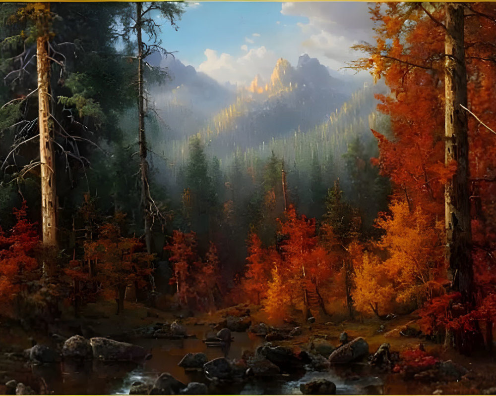 Tranquil autumn forest scene with babbling brook and colorful trees