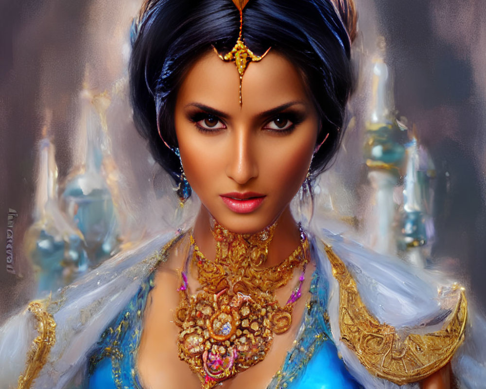 Majestic woman in golden crown and blue dress with jewelry