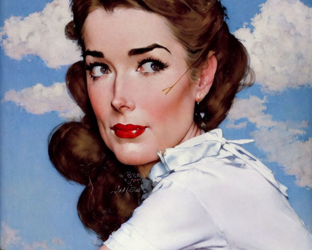 Portrait of woman with red lipstick and brunette hair in vintage style attire against blue sky.