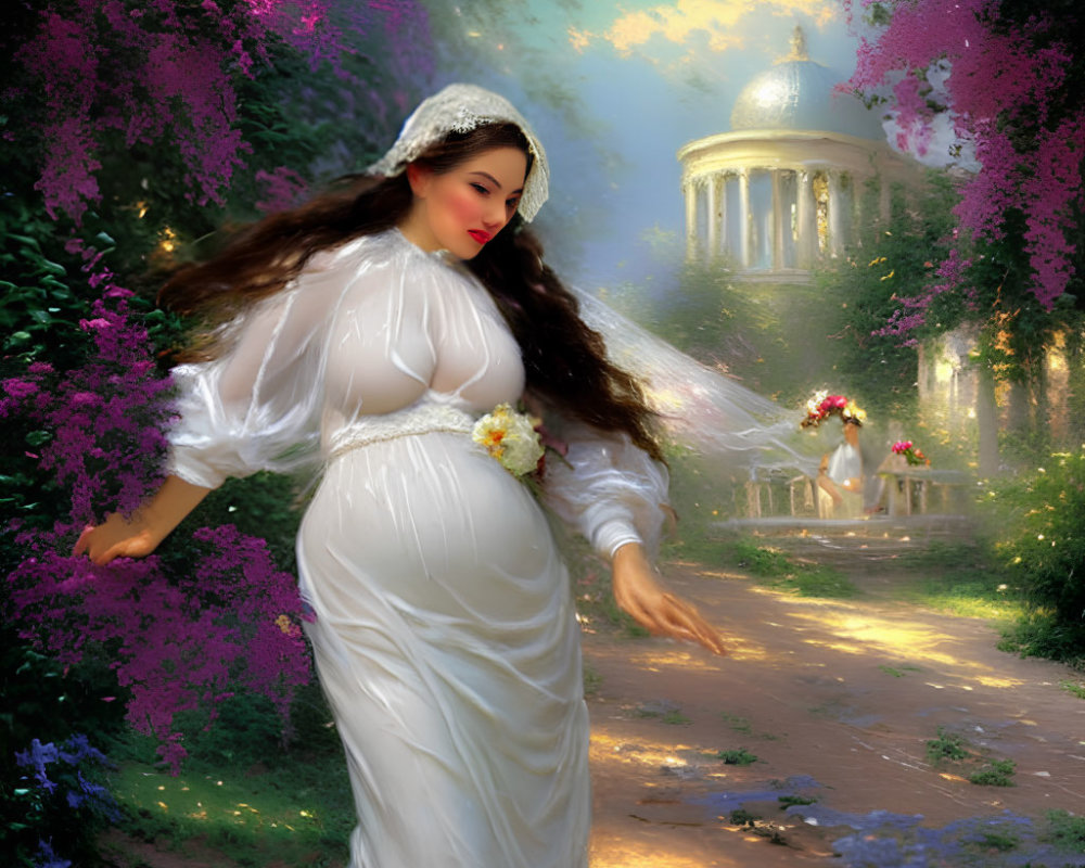 Pregnant Woman in White Gown in Garden with Purple Flowers