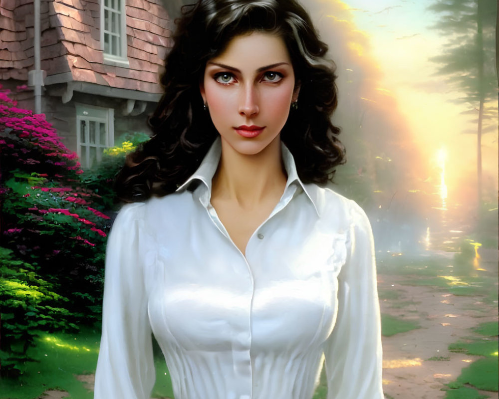 Dark-haired woman in white shirt and brown belt, standing by cottage and forest.