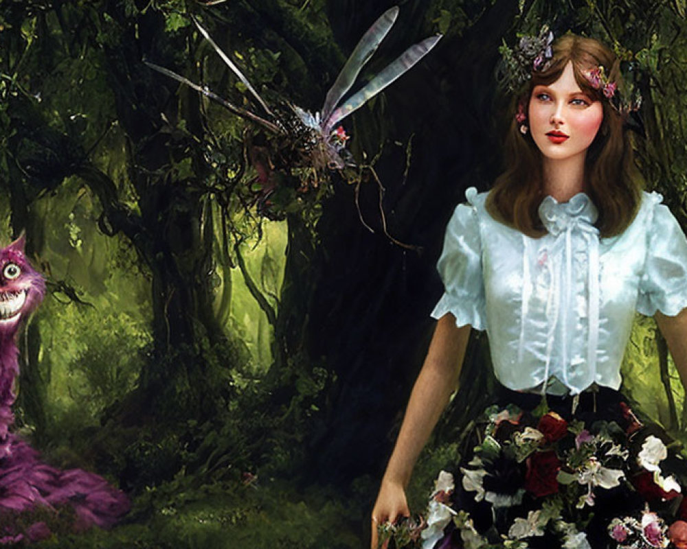 Woman in floral skirt with Cheshire cat and dragonfly in forest