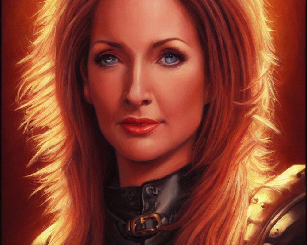 Digital portrait of woman in medieval armor with auburn hair in warm light