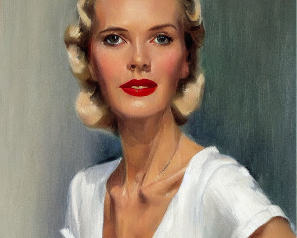 Blonde woman with wavy hair and red lipstick in white blouse on grey background