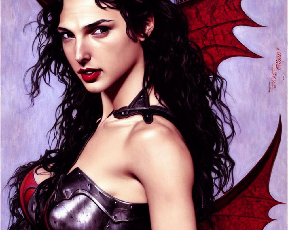 Illustration of a woman with demonic features and red bat-like wings