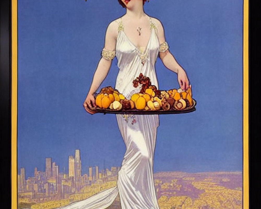 Vintage Poster with Woman in White Dress and Citrus Tray