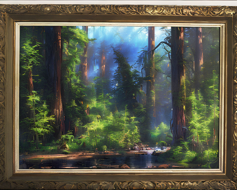 Sunlit forest painting with towering trees, stream, and lush greenery