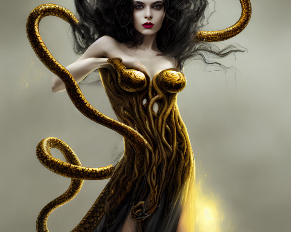 Dark-haired woman with pale skin adorned with serpentine features resembling Medusa.