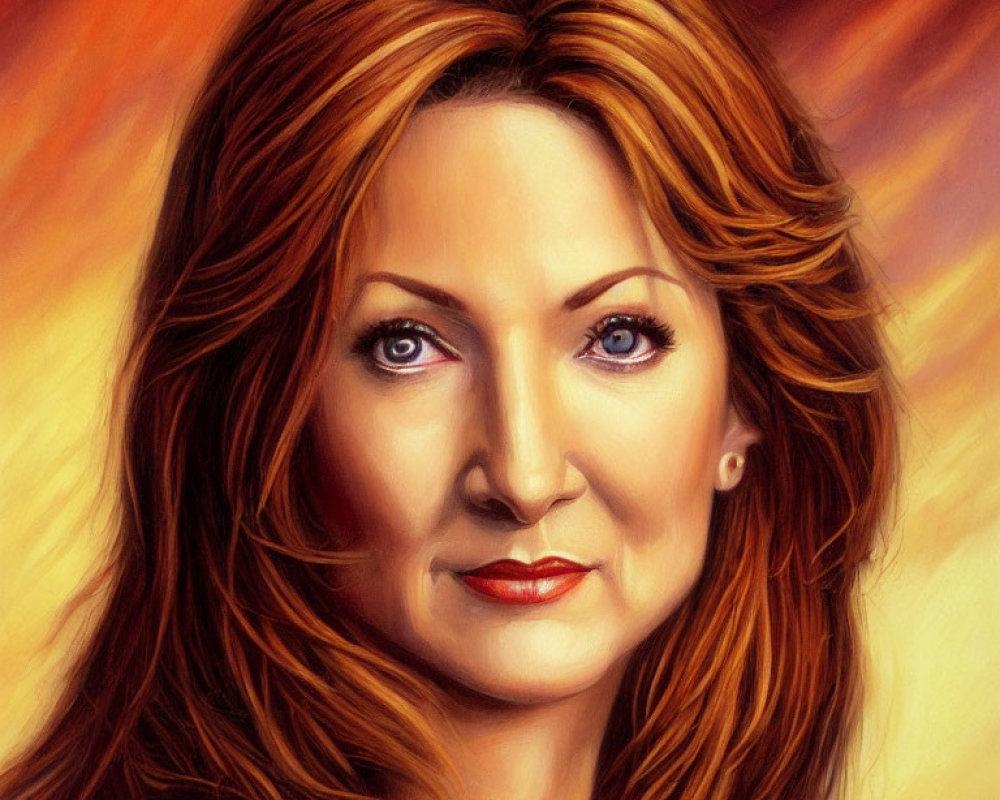 Illustration of Woman with Auburn Hair and Blue Eyes on Amber Background