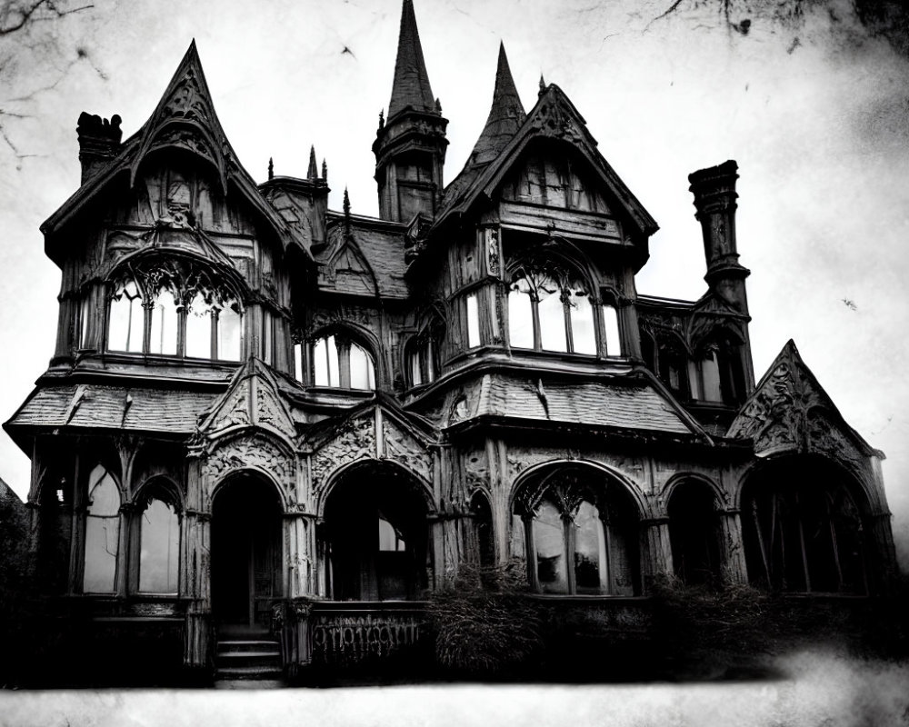 Gothic-style mansion with pointed arches in black and white