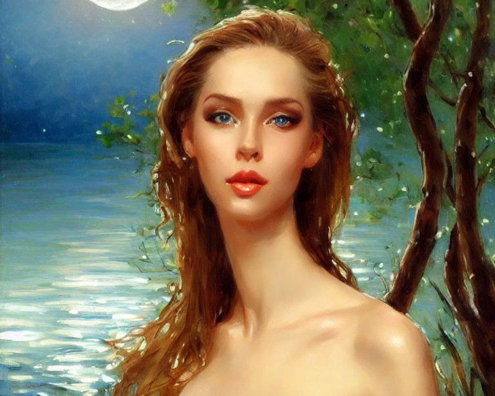 Woman with Wavy Hair by Moonlit Water and Trees