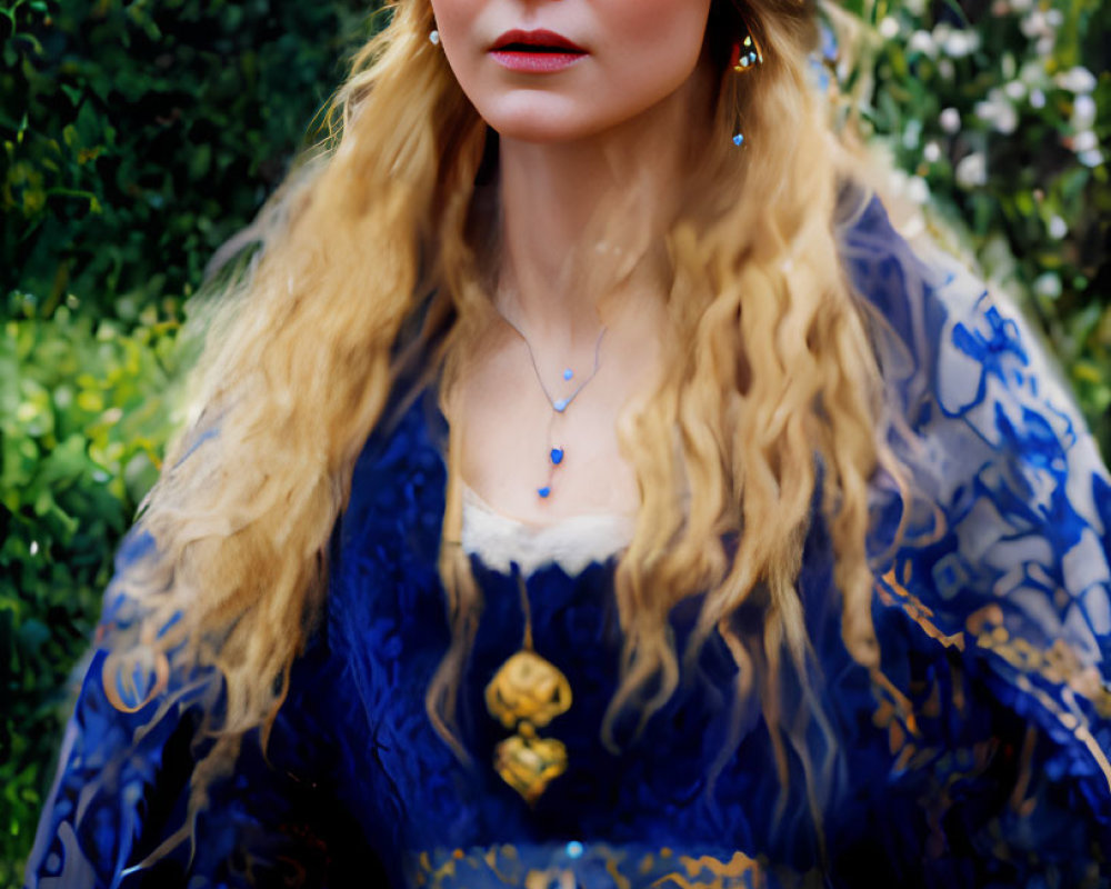 Blonde woman in blue medieval dress with floral headpiece in greenery