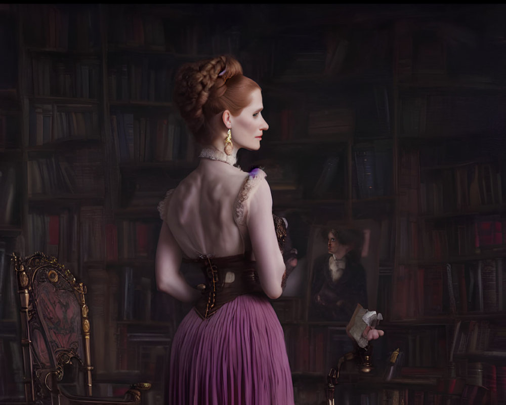 Woman in vintage purple dress admires painting in library