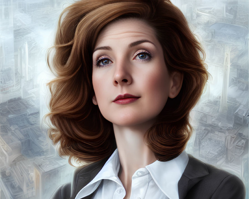 Digital artwork: Woman in business suit with brown hair, gazing up in futuristic city scene.