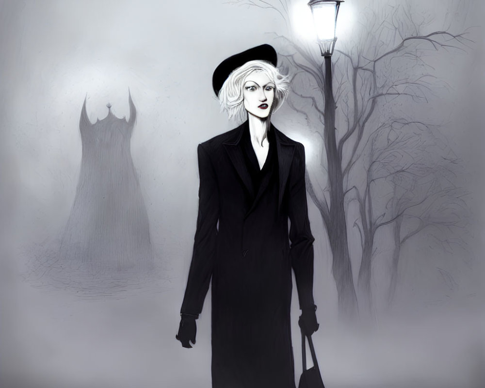 Pale woman in black coat and hat in eerie landscape with fog and bare trees