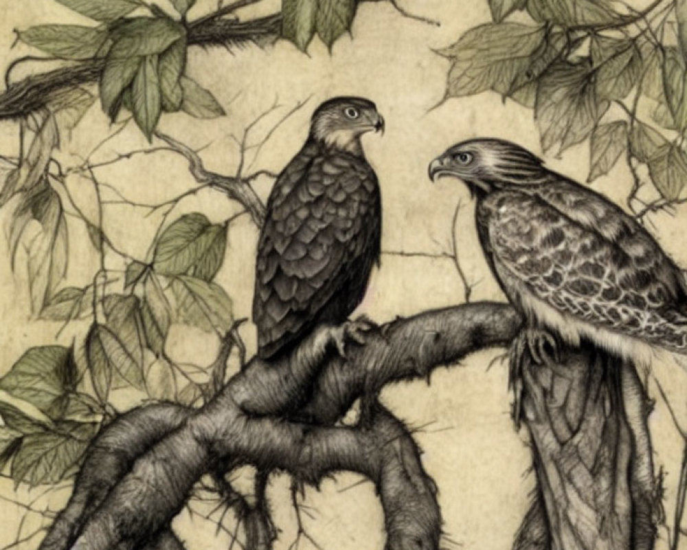 Intricately drawn hawks on gnarled tree branch with detailed foliage