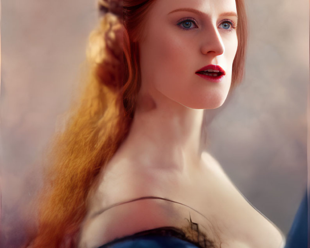 Red-haired woman in braids wearing blue off-shoulder dress on soft-focused background