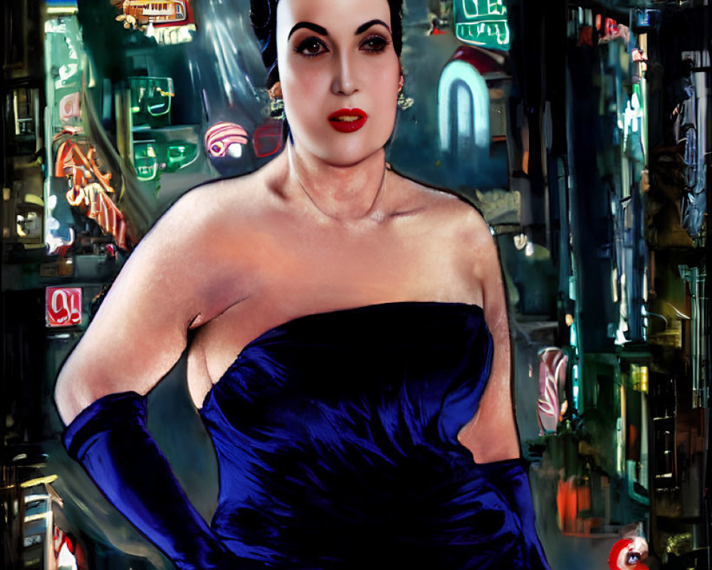 Stylized portrait of woman in strapless blue dress against neon cityscape