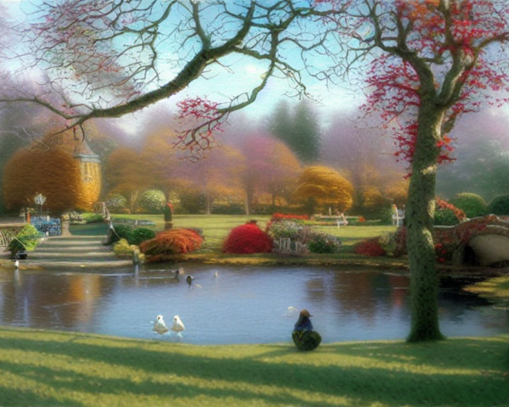 Tranquil garden with pond, swans, bridge, statues, and colorful foliage