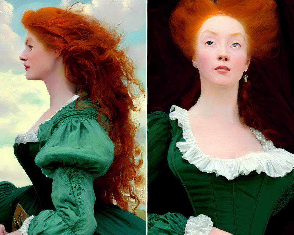 Portrait of Woman with Voluminous Red Hair in Green Period Dress