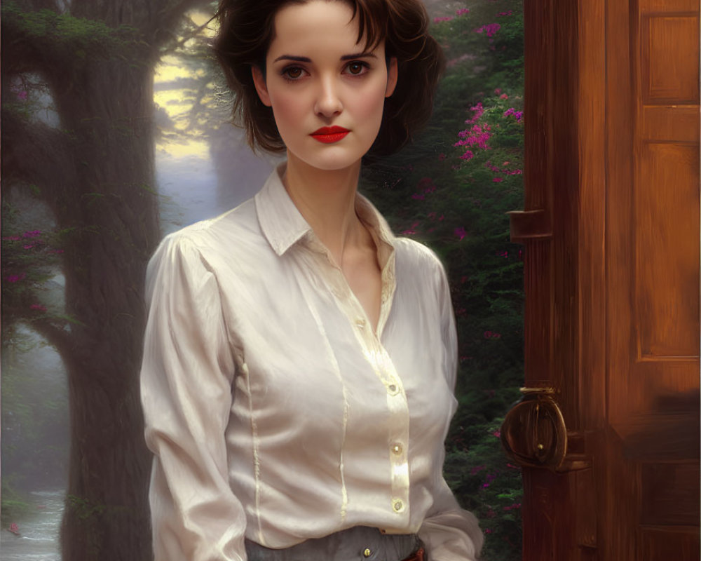 Woman in white blouse by open door in serene forest scene