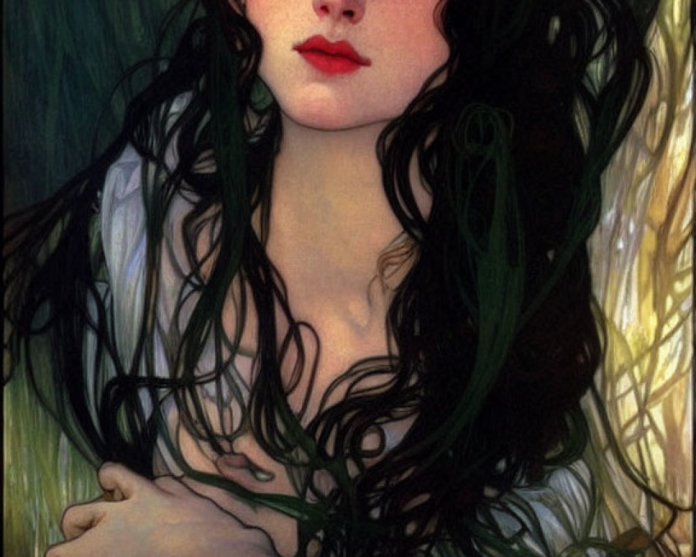 Portrait of Woman with Dark Curly Hair in White Draped Fabric Against Green Foliage