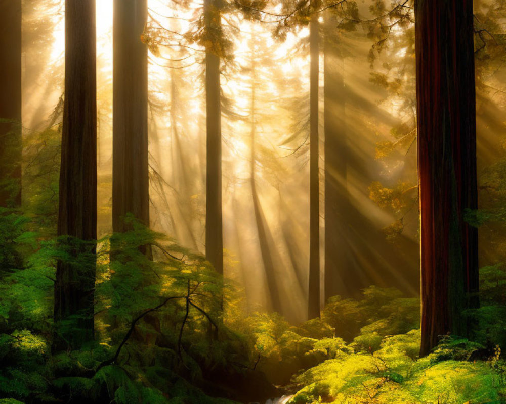 Sunbeams Illuminate Redwood Forest Scene