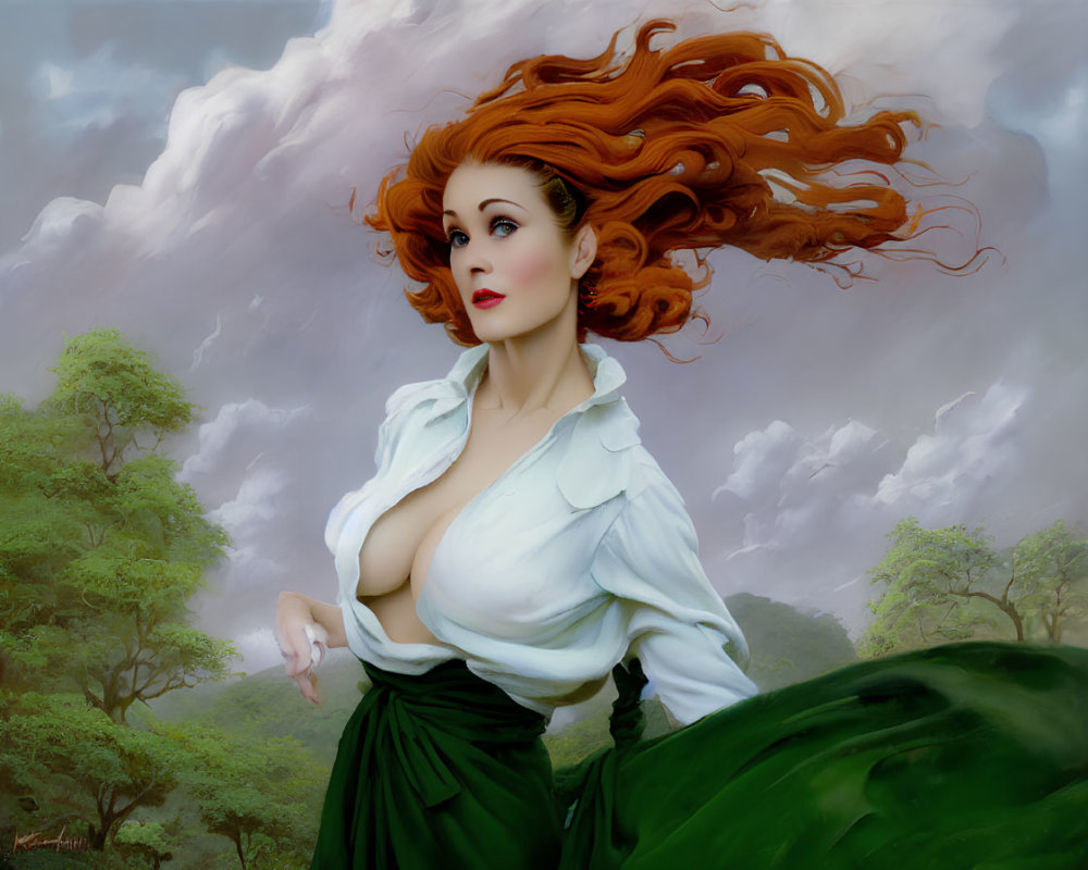 Digital artwork of woman with red hair in green skirt against stormy skies and trees