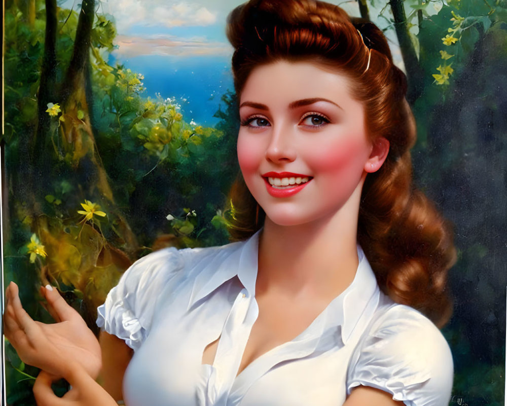 Vintage-style painting of smiling woman with ponytail in white blouse, gazing at hand, surrounded by