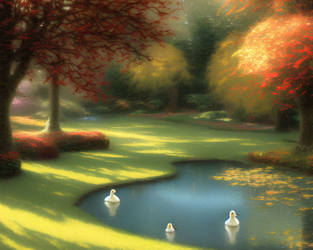 Tranquil autumn pond with ducks and colorful foliage