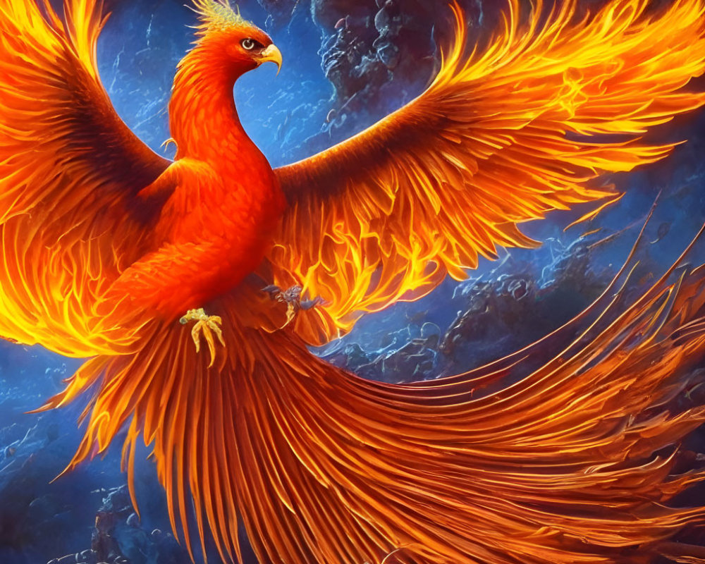 Mythical phoenix illustration with vibrant orange and red plumage on blue background