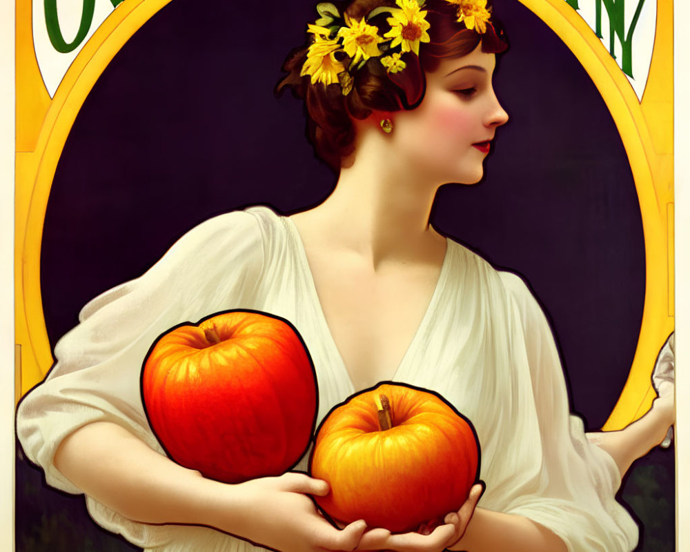 Vintage-style Woman with Floral Wreath and Fruits under "October Evening" Arch