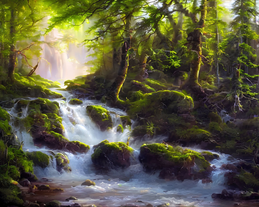 Tranquil forest with sunbeams, moss-covered rocks, and stream