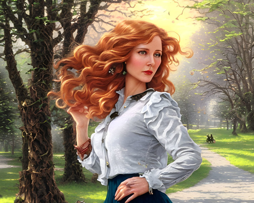 Woman with flowing red hair in ruffled white blouse and blue skirt in sunlit park.