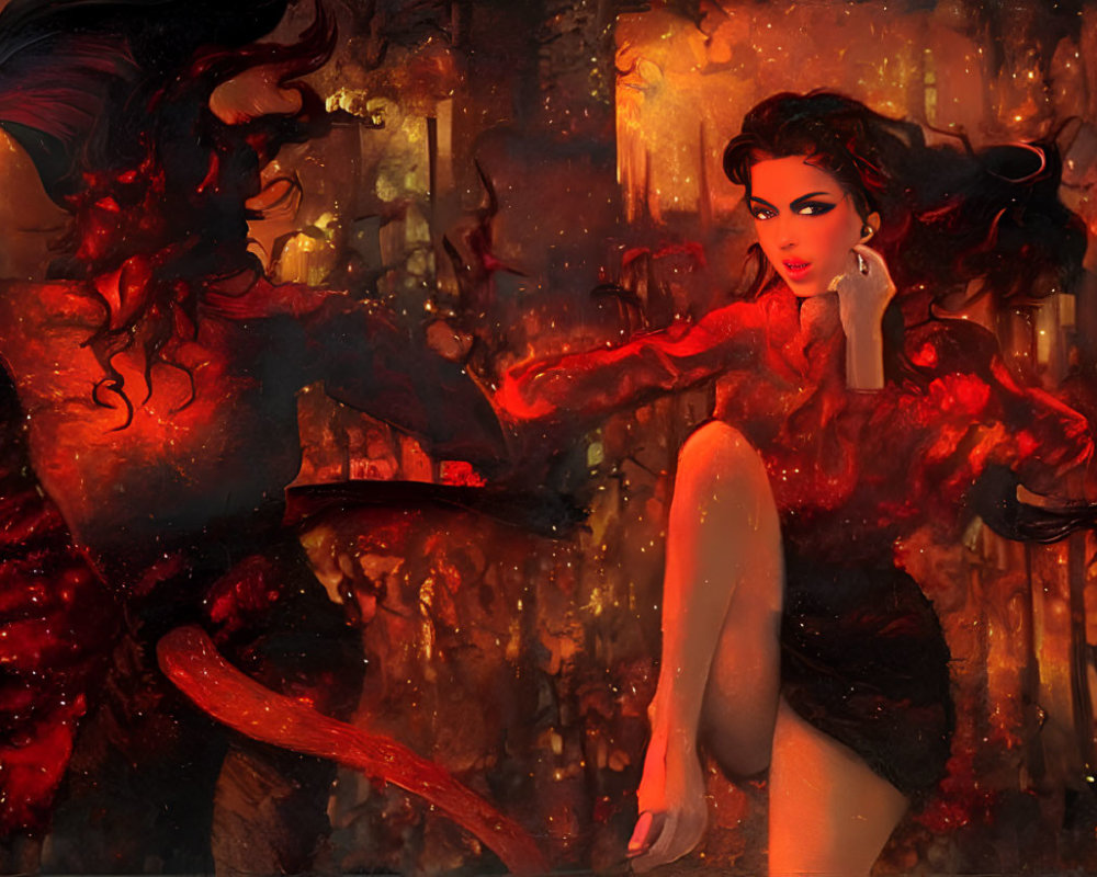 Stylized artwork of woman in fiery clothing against abstract background