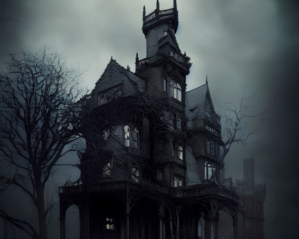 Gothic mansion in fog with dimly lit windows