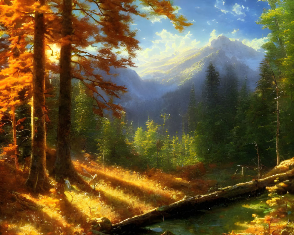 Autumn forest scene with sunlight, stream, and misty mountains