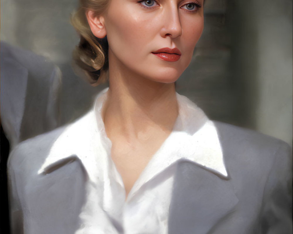 Blonde Woman in Grey Suit with Glasses Headband Portrait