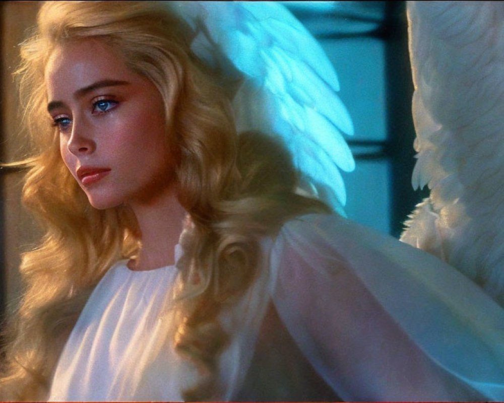 Blonde woman with angel wings in white outfit and warm glow