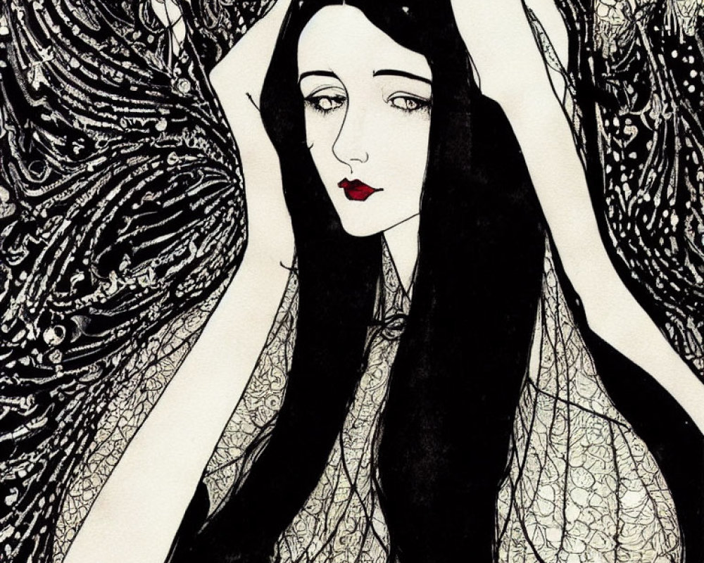 Black-haired woman with red lips in swirling black-and-white illustration