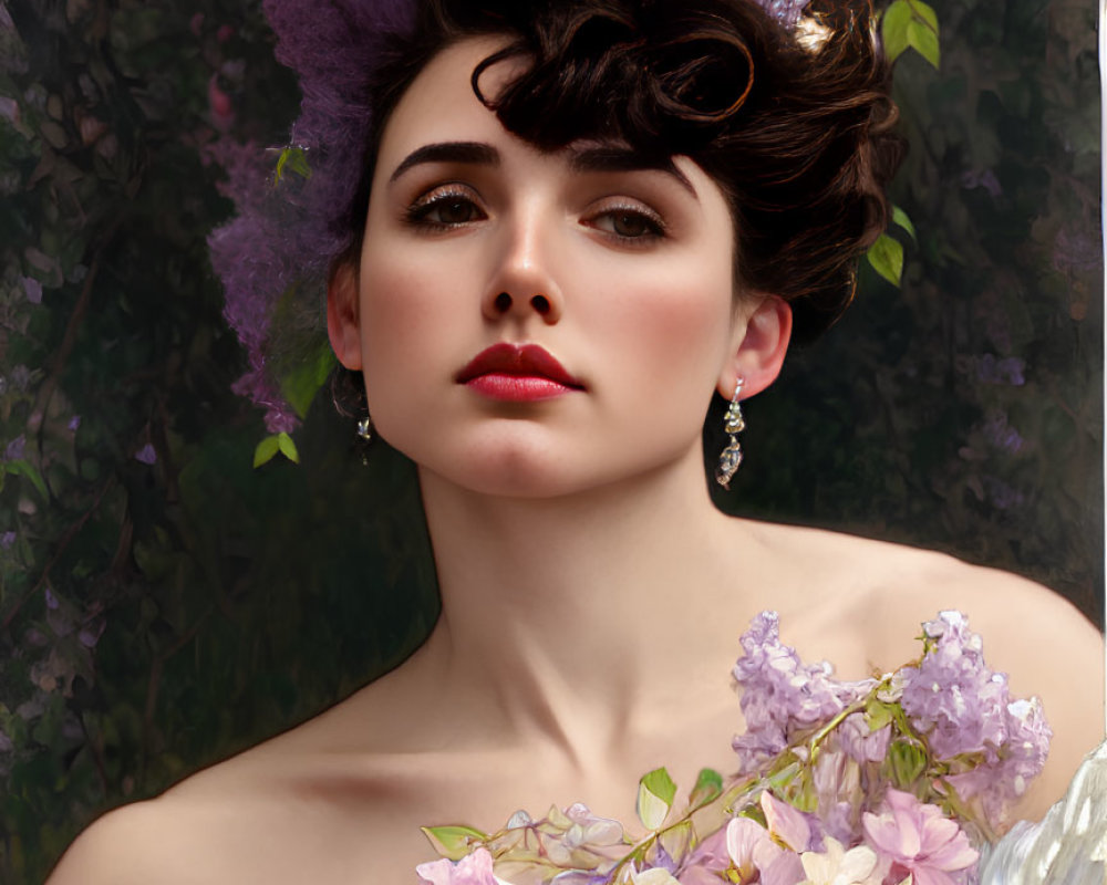 Dark-haired woman in white dress with lilac flowers and subtle makeup against green backdrop